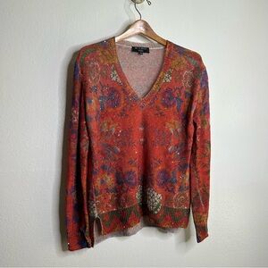 Etro 100% Linen Red Multicolor Floral Paisley Knit Pullover Sweater 44/ M